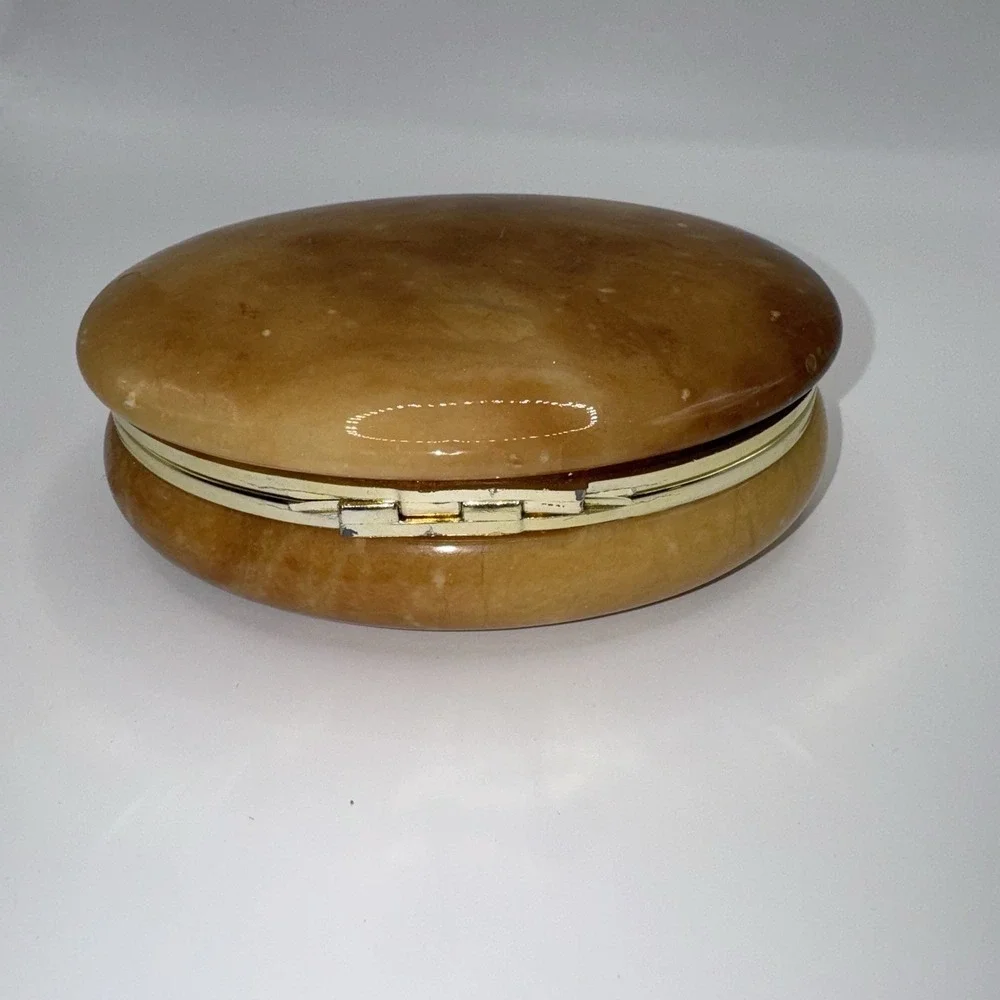 Vintage Genuine Alabaster Hand Carved Hinged Jewelry Trinket Box Made in Italy
